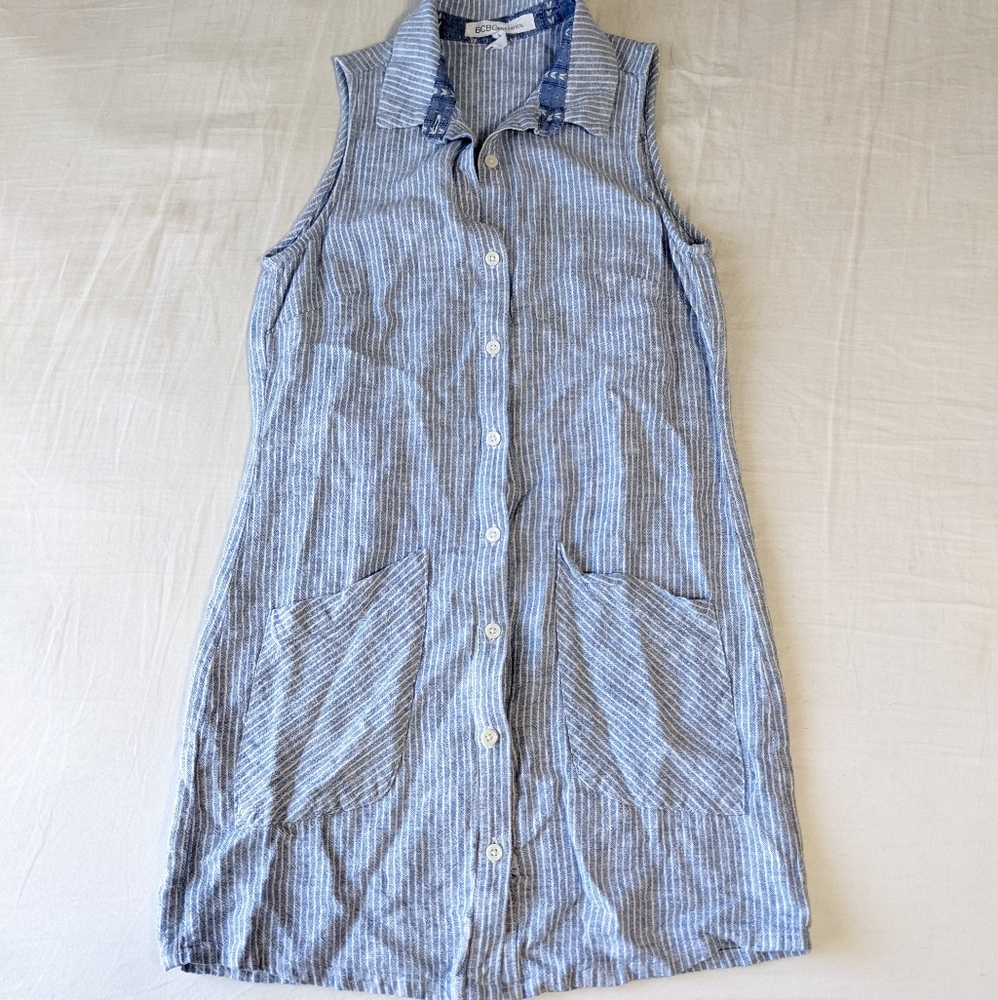 BCBGeneration Button Down Sleeveless Dress Light Blue White Stripes